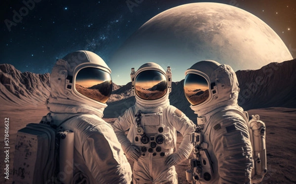 Fototapeta A group of astronauts chat on an alien planet, Generative ai