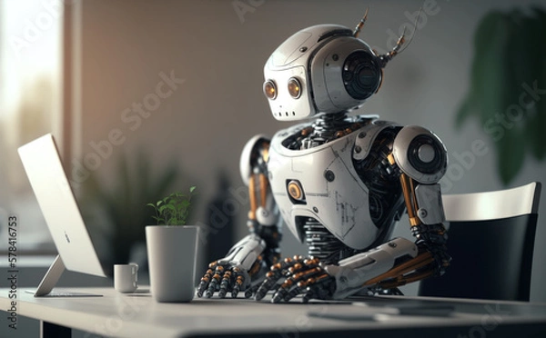 Fototapeta A robot works at the computer, generative ai