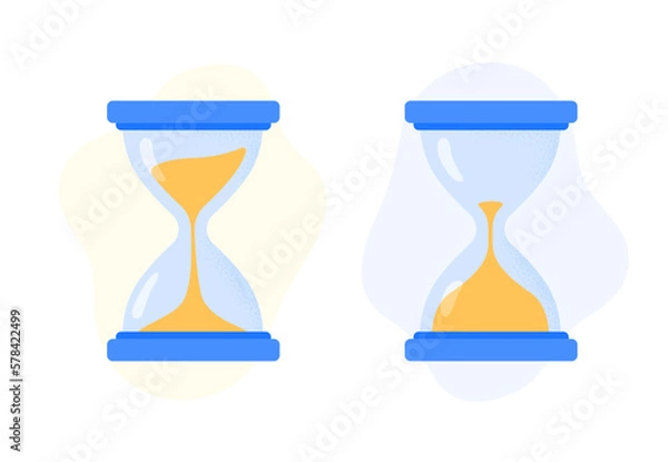 Fototapeta Hourglass with sand inside to measure time. Clock and time, timer, countdown instrument. Vector flat illustrations isolated on the white background.