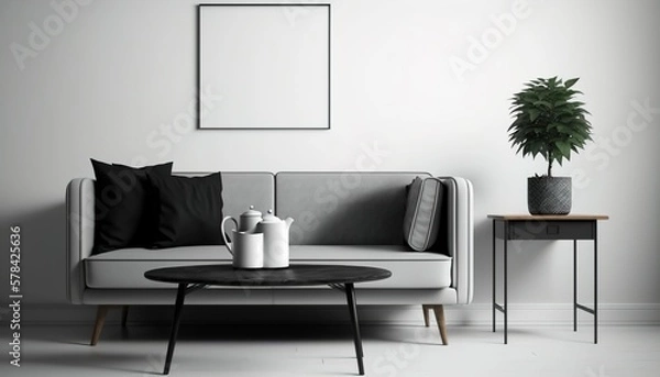 Fototapeta a living room with a couch and a table in a digital rendering. Generative AI