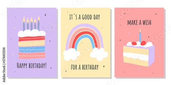 Fototapeta Set of greeting cards for celebration birthday. Hand drawn trendy cartoon cake, happy birthday lettering. Vector illustration	