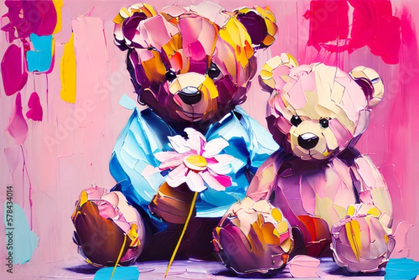 Fototapeta Oil painting of a teddy bear holding a rose, with bold brushwork and paint splatters. Generated with Artificial Intelligence.