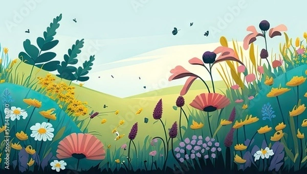 Fototapeta Illustration of a flower meadow in spring. Generative AI