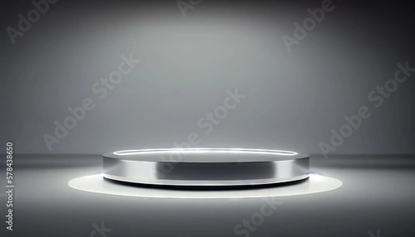 Fototapeta Silver Pedestal of platform display with neon modern stand podium on white room background. 3D rendering. Generative AI.