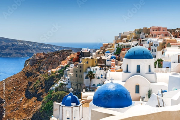 Obraz Oia, Santorini, Greece - Blue church and caldera