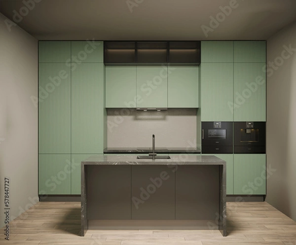 Fototapeta 3d rendering of new Pistachio green kitchen interior design with marble surface
