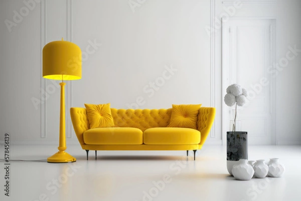 Fototapeta Modern living room with yellow sofa. A yellow sofa in a white room with a lamp on the floor. Generative AI