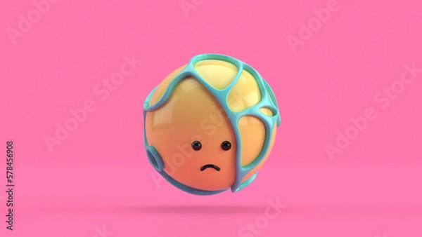 Obraz 3D illustration of a cute sad yellow sphere surrounded by an organic blue structure, floating over a minimal pink background. Playful and modern realistic toy horizontal