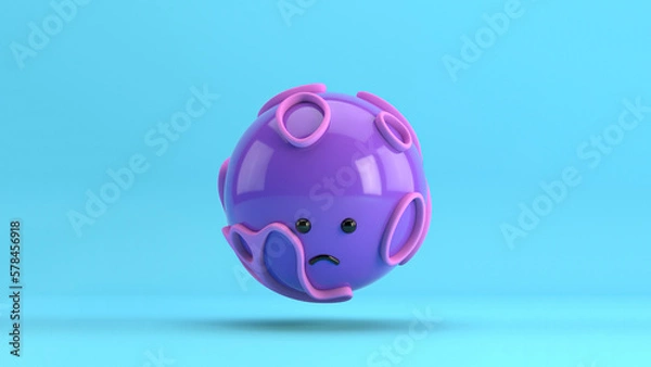 Obraz 3D illustration of a cute sad urple sphere surrounded by an organic pink structure, floating over a minimal blue background. Playful and modern realistic toy horizontal