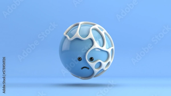 Obraz 3D illustration of a cute sad blue sphere surrounded by an organic white structure, floating over a minimal blue background. Playful and modern realistic toy horizontal