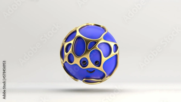 Obraz 3D illustration of a cute smiling sphere surrounded by an organic golden structure, floating over a minimal white background. Playful and modern realistic toy minimalist horizontal