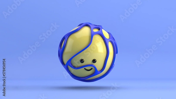 Obraz 3D illustration of a cute smiling character series  sphere surrounded by an organic blue structure, floating over a minimal blue background. Playful and modern realistic toy minimalist horizontal