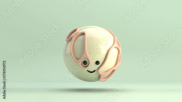 Obraz 3D illustration of a cute smiling character series sphere surrounded by an organic nude structure, floating over a minimal pistacho background. Playful and modern realistic toy minimalist horizontal