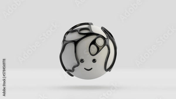 Obraz 3D illustration of a cute smiling character series sphere surrounded by an organic black structure, floating over a minimal white background. Playful and modern realistic toy minimalist horizontal