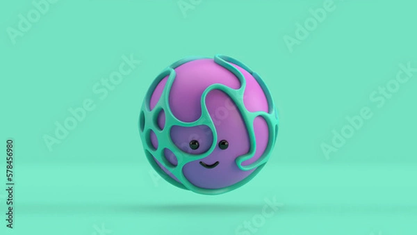 Obraz 3D illustration of a cute smiling character series sphere surrounded by an organic green structure, floating over a minimal green background. Playful and modern realistic toy minimalist horizontal