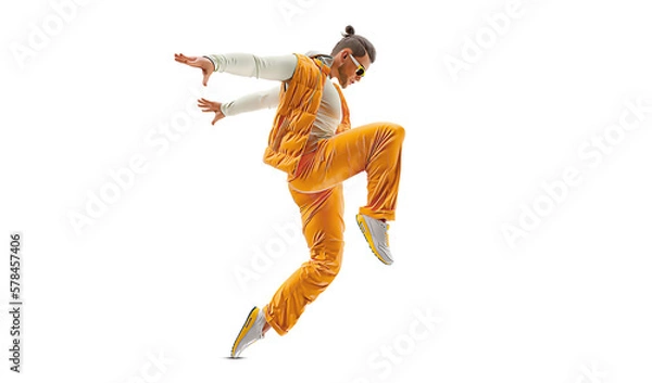 Fototapeta Realistic silhouette of a young hip-hop dancer, breake dancing man isolated on white background.