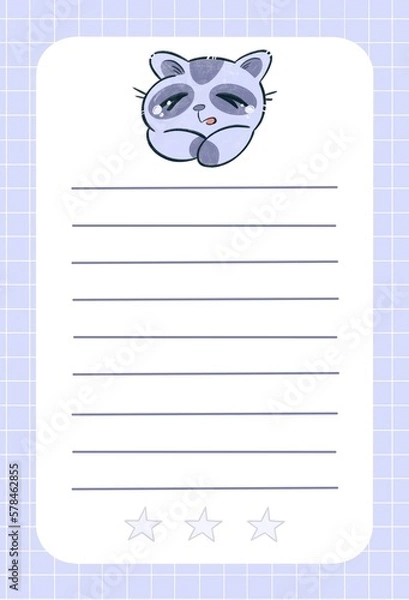 Fototapeta purple page with a picture of a sleepy raccoon. You can use it at school, at university and at work.