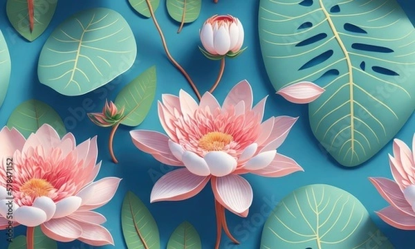 Fototapeta Vibrant Seamless Tiled Art Design of Exotic Palms, Lush Foliage, and Ornate Flora Patterns. Generative AI