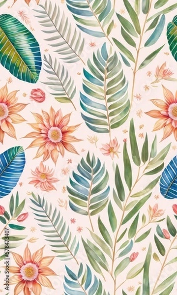 Fototapeta Vibrant Seamless Tiled Art Design of Exotic Palms, Lush Foliage, and Ornate Flora Patterns. Generative AI