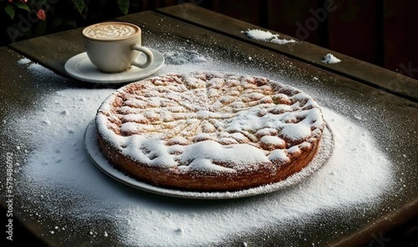Fototapeta  a cake on a table with a cup of coffee on top of it.  generative ai