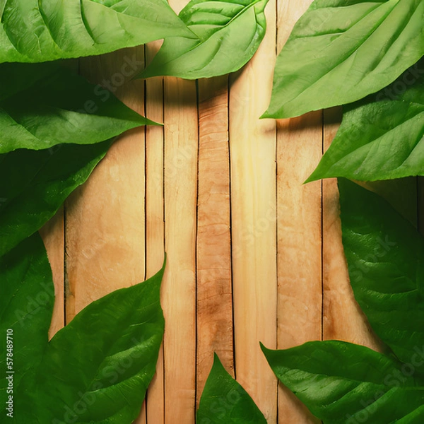 Obraz Wooden panel backdrop and tropical greenery for merchandise display. Generated through AI technology.