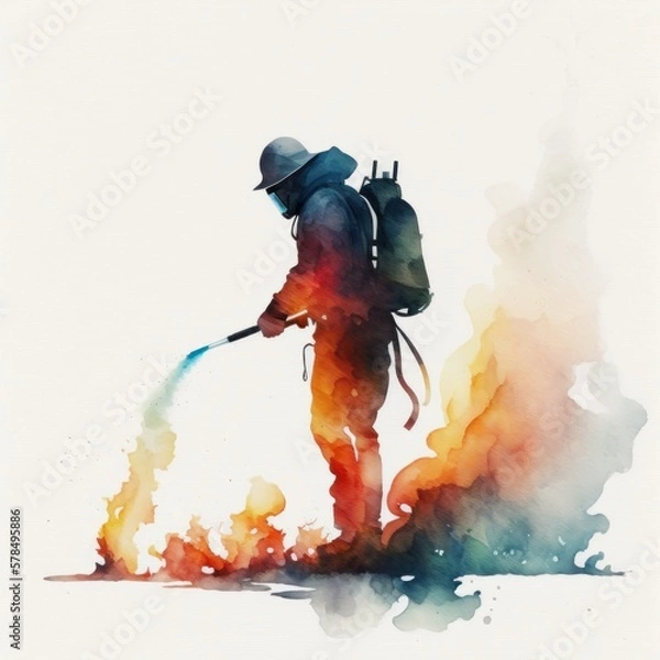 Obraz Watercolor art of a firefighter extinguishing flames, Generative AI