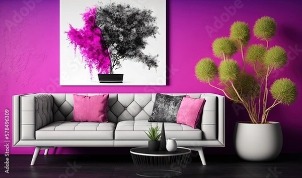 Fototapeta  a living room with a couch, table and a painting on the wall above it and a potted plant in the corner of the room.  generative ai