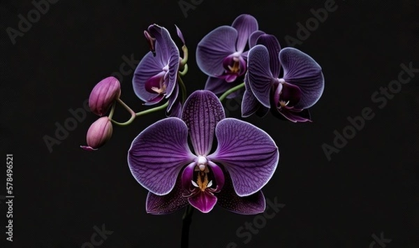 Obraz  a close up of a purple flower on a black background with a black background and a black background with a black background and a purple flower in the center.  generative ai