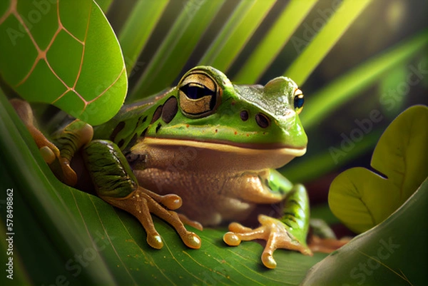 Fototapeta Colorful exotic frog on tropical leaves. Close up view. Generative Ai