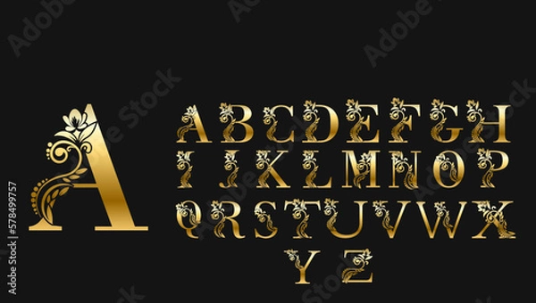 Fototapeta gold hand drawn alphabet on black