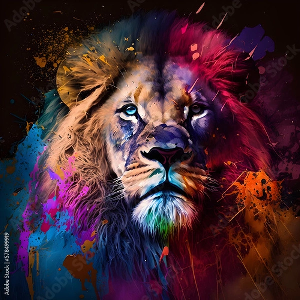Fototapeta Multicolored portrait of face first calm and brave lion