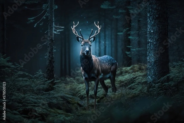 Fototapeta Deer in the Forest at Night. Generative AI
