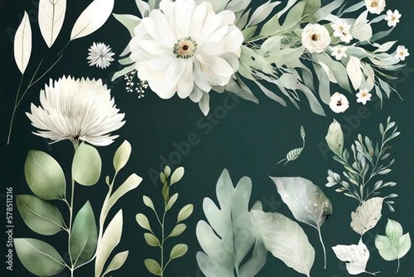 Fototapeta Ensemble florales. Fleurs blanches, feuilles vertes collection d'éléments individuels. Branches vertes, eucalyptus, camomille. AI générative
