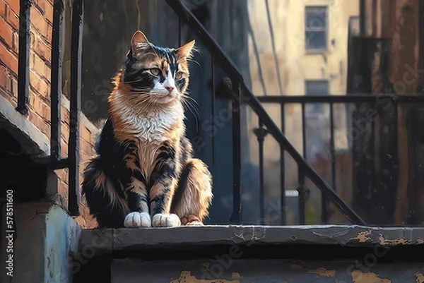 Fototapeta Calico street cat sitting on fire escape, concept of Urban Exploration and Feline Companionship, created with Generative AI technology
