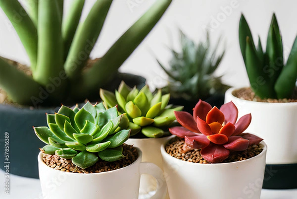 Obraz White porcelain mugs for growing succulents, with a sustainable and biophilic approach to decorating the environment. Created using AI technology.