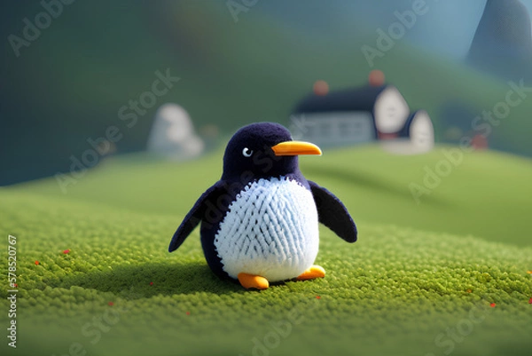 Fototapeta Cute penguin on the grass. Created with ai technologies