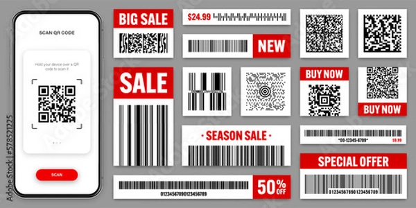 Fototapeta Product barcodes and QR codes. Smartphone application, scanner app. Sale stickers, discount label or promotional badge. Serial number, product ID. Store, supermarket scan labels. Vector illustration