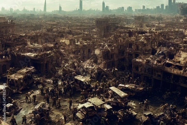 Obraz Generative AI general aerial shot of the ruins of a city with undead walking the streets