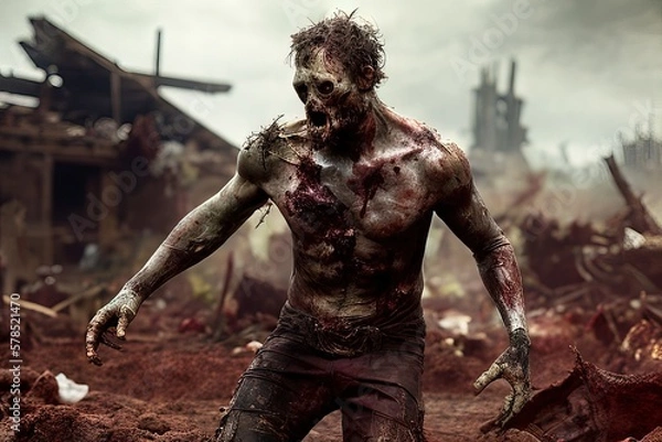 Obraz Generative AI close up shot of a zombie, undead, walking among ruinszombie walking in a city destroyed by the end of time, detachment of flesh, blood and broken bones, virus that ended humanity.
