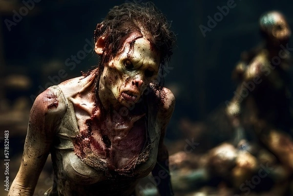 Fototapeta Generative AI close up of a female zombie, undead, walking through ruins