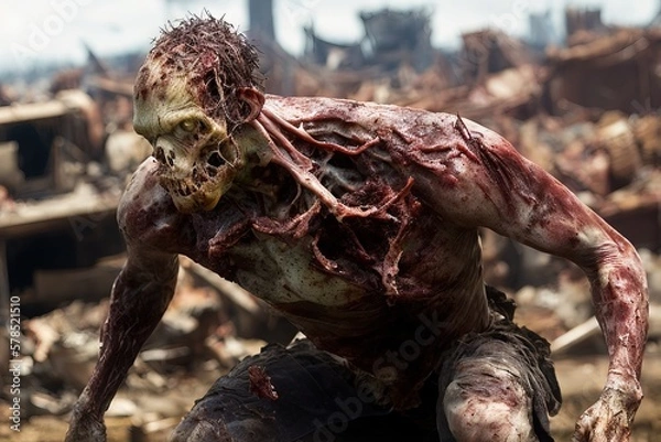 Fototapeta Generative AI zombie walking in a city destroyed by the end of time, detachment of flesh, blood and broken bones.