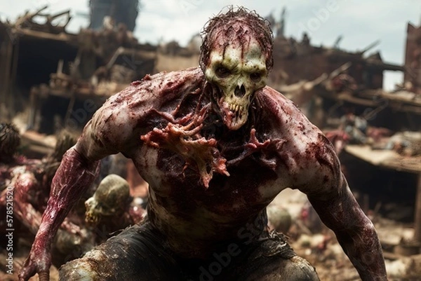 Obraz Generative AI male zombie walking in a city destroyed by the end of time, detachment of flesh, blood and broken bones, virus that ended humanity.