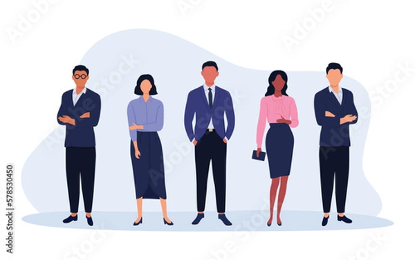Obraz Business team ready to work. Office employee in tidy clothes. Vector illustration. Characters in flat design. Group of office workers in flat cartoon style.