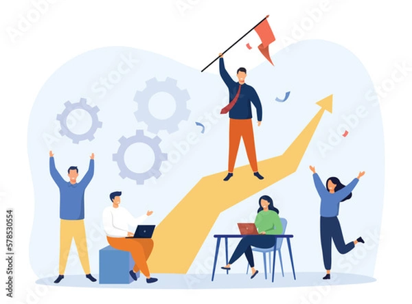 Obraz Leadership, victory and challenge concept. Business leader standing on arrow and holding flag flat vector illustration. People training and doing business plan. Vector illustration.
