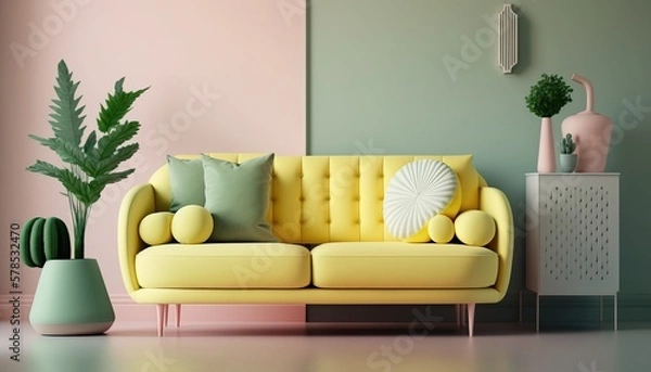 Fototapeta Large living room with yellow couch. Green and beige colors. Minimalist modern interior design for mockup. Generative AI.