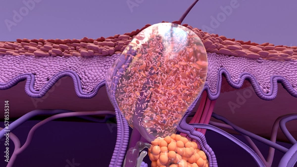 Obraz Formation of skin acne or pimple. 
The sebum in the clogged pore promotes the growth of a certain bacteria 
Human skin layer. Epidermis, Dermis, Hypodermis and muscle. Hair, Sebaceous gland. 