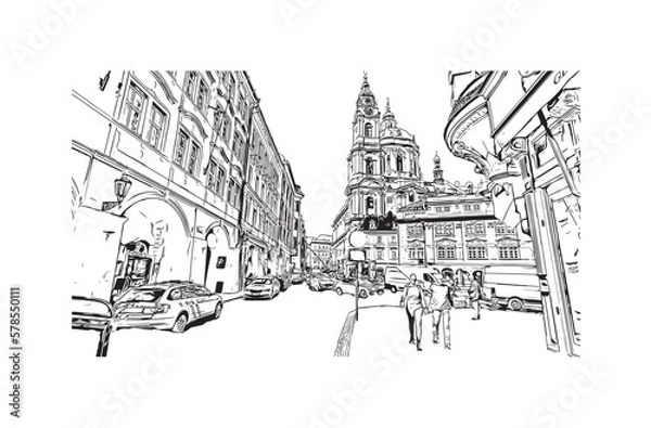 Fototapeta Building view with landmark of Prague is the 
capital of the Czech Republic. Hand drawn sketch illustration in vector
