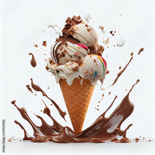 Fototapeta rocky road, ice cream cone in white background, Generative AI