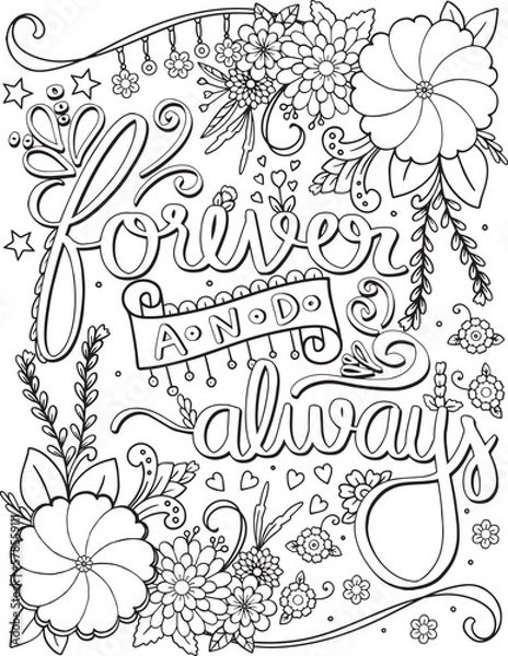 Fototapeta Hand drawn with inspiration word. Forever and always font with heart and flowers element for Valentine's day or Greeting Cards.Coloring for adult and kids. Vector Illustration.
