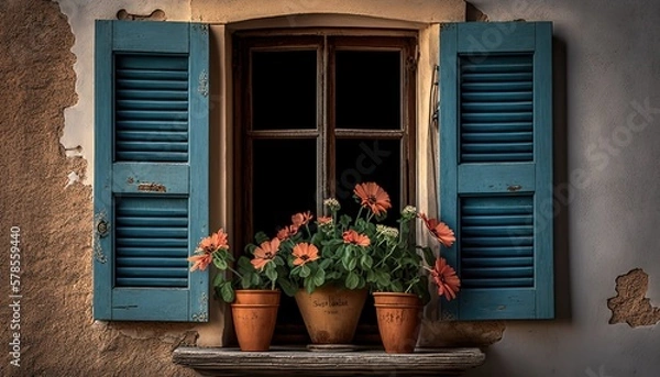 Fototapeta flower pots blossom at window balcony space, vintage peaceful spring time, Generative Ai